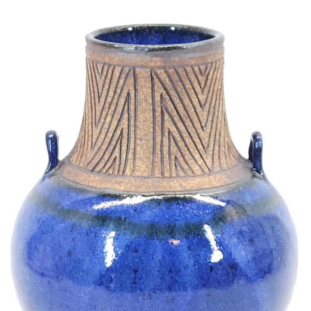 Studio Art Pottery Flower Vase Blue Folk Art Rustic Signed Chohlidakis USA 8"H - Picture 5 of 7